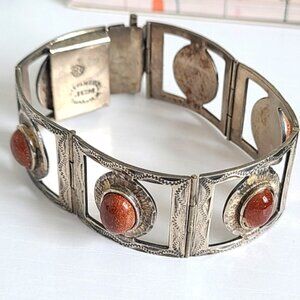 Incredible Vintage Western Taxco Sterling Silver 925 Goldstone Cuff Bracelet